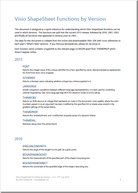Visio ShapeSheet Functions by Version
